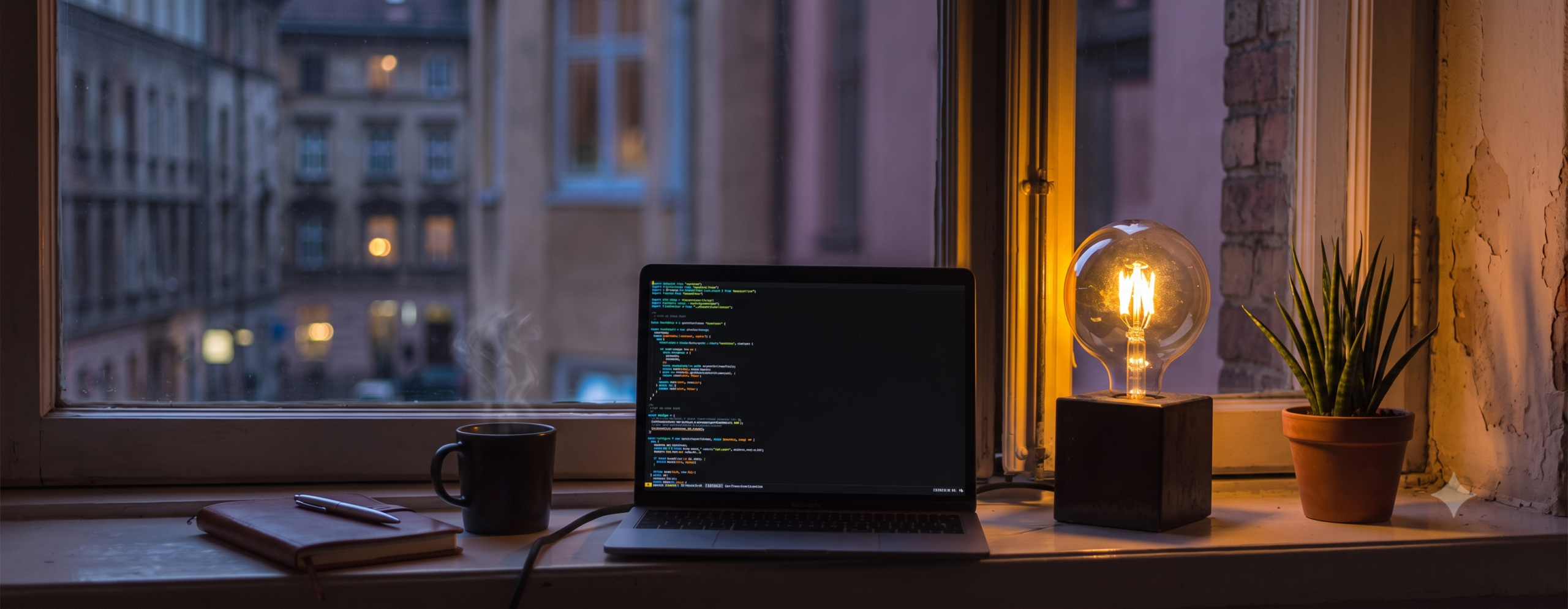 image showing coding in a laptop on a table with coffee cup and light bulb